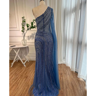 Arabic Blue Mermaid Sexy High Split Cape Sleeve Beaded Evening Dresses Gowns 2024 - For Women Wedding Party