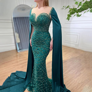 Elegant Green Cape Sleeves Mermaid Luxury Evening Dress - 2024 Gown for Women's Party