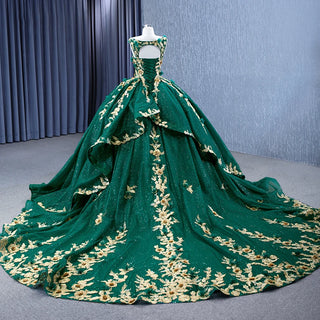 Enchanted Elegance: Glitter Green Floral Ball Gown for Formal Events and Bridal Occasions