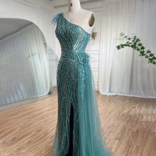 Turquoise Mermaid Elegant Evening Gown: 2024 High Split with Skirt, Beaded Feathers for Women's Party