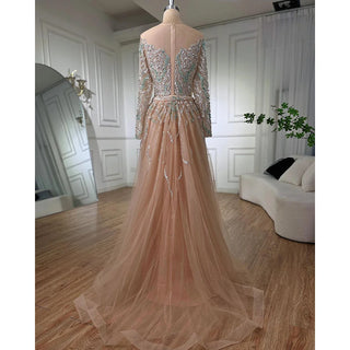 Nude Mermaid Evening Dress 2024 with Overskirt, Beaded Detailing, and High Split - Ideal for Women's Wedding Parties