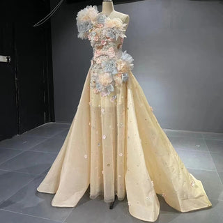 QUEENS DUBAI: Champagne 3D Flower Lace Costume Dress with Detachable Train - Fashion Show Cocktail Evening Elegance