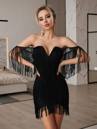 Ships in 1 to 3 Days – Luxurious Tassel Temptation: 2024 Summer Black Tassel Bandage Dress - Quality Fringed Bodycon XL for Party Club Evening Luxury