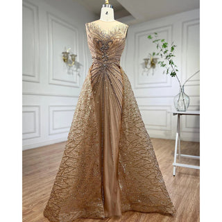 Gold O-neck Long Sleeves Mermaid Beaded Overskirt Evening Dresses Formal Party Gowns For Women 2023