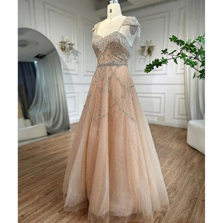 2024 Arabic Nude A-Line Evening Gown: Sweetheart Neckline, Beaded Tassel Detail, and Lace-Up Back for Women's Wedding Party Elegance