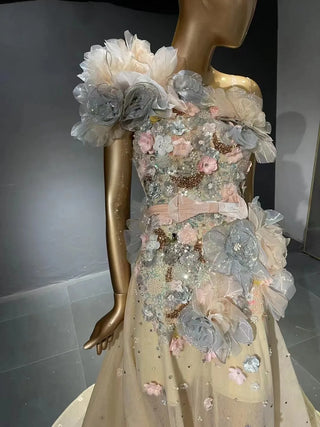 QUEENS DUBAI: Champagne 3D Flower Lace Costume Dress with Detachable Train - Fashion Show Cocktail Evening Elegance