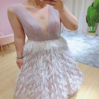 Elegant in Pink: Formal Short Feather Party Gown - Stunning Evening Dress