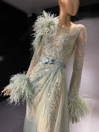 QUEENS DUBAI: Mint Green Costume Dress - Long Sleeve Ostrich Feather - Luxury Fashion Show Cocktail & Evening Dress