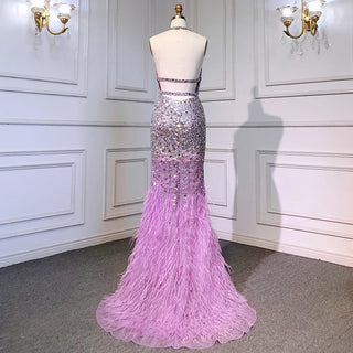 Amethyst Allure: Purple Mermaid Gown with Spaghetti Straps, Luxury Feathers, and Shiny Beads – 2024 Women’s Evening Elegance