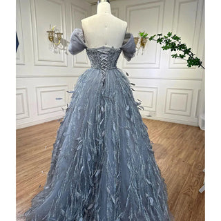 Ships in 1 to 3 Days - Grey A-Line Evening Dress 2024 with Sexy Off-Shoulder Design, Beaded Feathers Luxury - Ideal for Women's Wedding Party