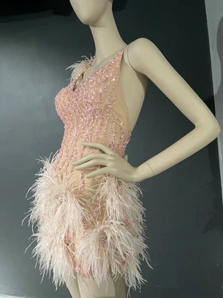 QUEENS DUBAI: Pink Beaded Elegance - Short Skirt Costume Dress with Ostrich Feather for a Sexy V-Neck Evening Affair