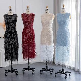 Modern Elegance: Lace, Feathers, and Beading Sleeveless Tank Tea-Length Evening Party Dress