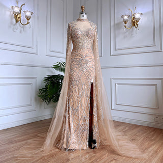 Nude Mermaid Elegant High Collar Cape Sleeves Luxury Beaded Evening Dress Gown for Women's Party 2024