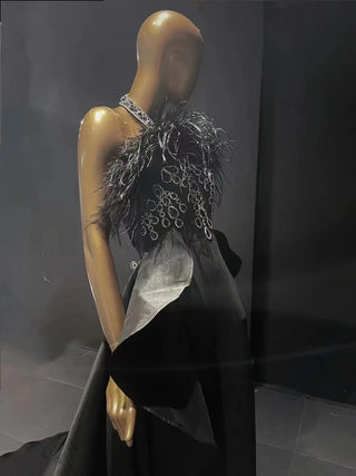 QUEENS DUBAI: Enchanting Elegance - Black Halter Costume Dress with Ostrich Feather Accents for a Fashion Show Evening