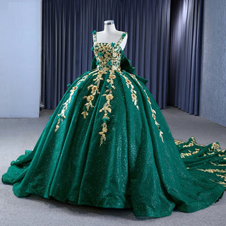 Enchanted Elegance: Glitter Green Floral Ball Gown for Formal Events and Bridal Occasions