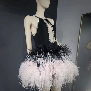 QUEENS DUBAI: Princess Elegance - Halter Pink Ostrich Feather Short Skirt Stage Costume Dress