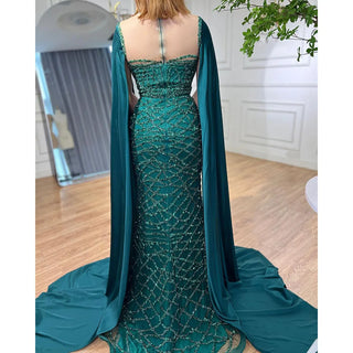 Elegant Green Cape Sleeves Mermaid Luxury Evening Dress - 2024 Gown for Women's Party